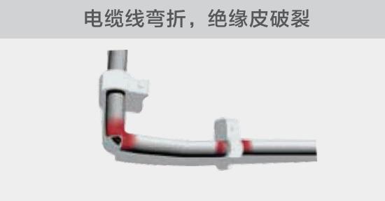 在安裝過程中，由于電線的彎曲半徑過小，或是線夾過緊，導(dǎo)致線纜絕緣皮破裂，產(chǎn)生電弧隱患